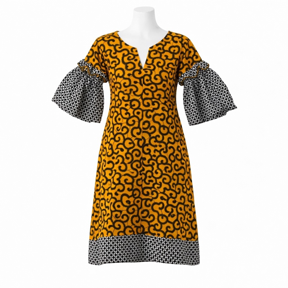 Size L Handmade Women’s Yellow African Print Puff Sleeve V Neck Dress